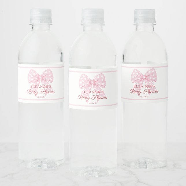 Pink Bow Sweetheart Girl Baby Shower Water Bottle Label (Bottles)