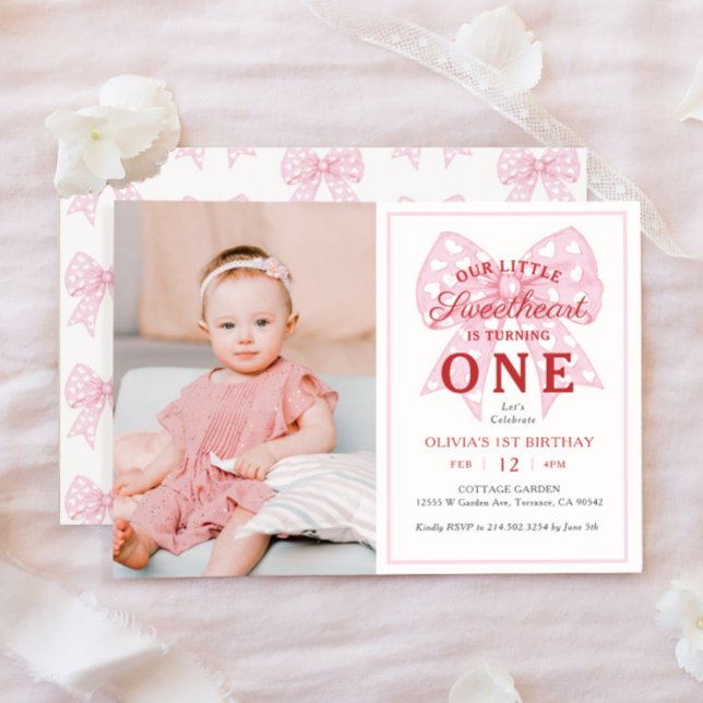 Pink Bow Sweetheart Is One Girl 1st Birthday Photo Invitation (Creator Uploaded)