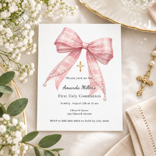 Pink bow tartan First Communion Invitation