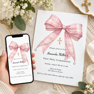 Pink bow tartan First Communion Invitation