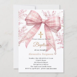 Pink bow tartan florals girl Baptism Invitation