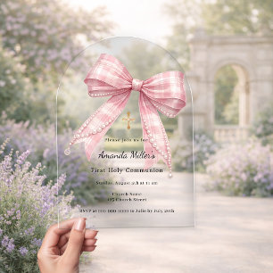 Pink bow tartan luxury arch First Communion Acrylic Invitations