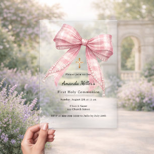 Pink bow tartan luxury First Communion Acrylic Invitations
