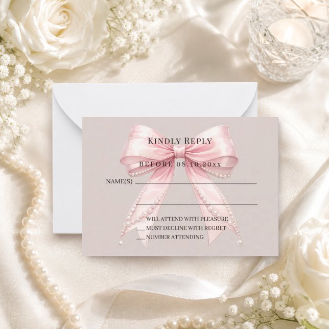 Pink bow taupe response RSVP Card (Creator Uploaded)