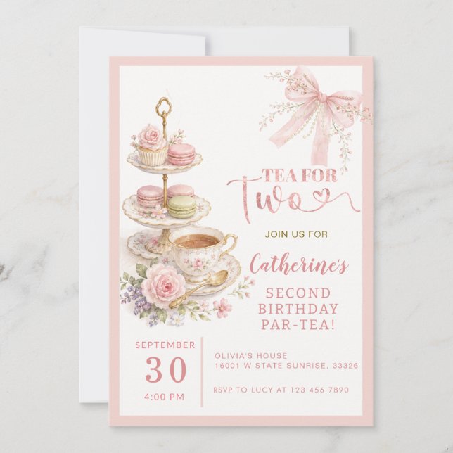 Pink Bow Tea For Two Girl Birthday Invitation (Front)