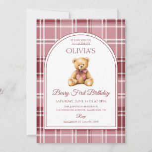 Pink Bow Teddy Bear Tartan Birthday Invitation