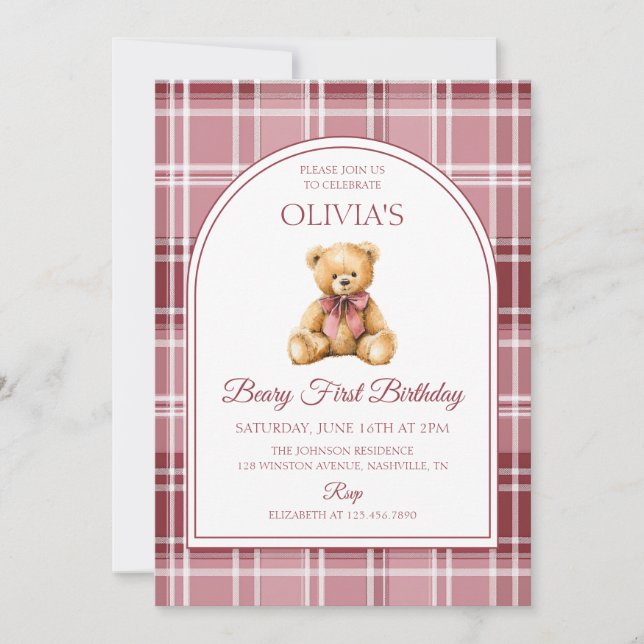 Pink Bow Teddy Bear Tartan Birthday Invitation (Front)