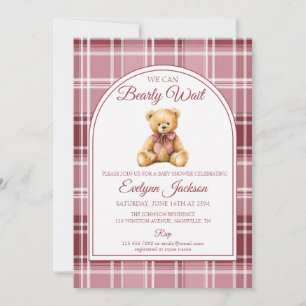 Pink Bow Teddy Bear Tartan Girl Baby Shower Invitation