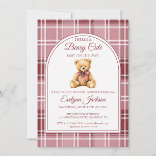 Pink Bow Teddy Bear Tartan Girl Baby Shower Invitation