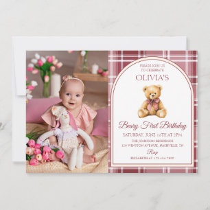 Pink Bow Teddy Bear Tartan Photo Birthday Invitation