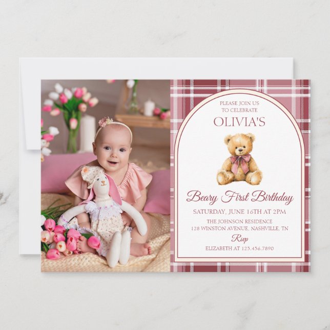 Pink Bow Teddy Bear Tartan Photo Birthday Invitation (Front)