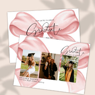Pink Bow Three Photo Graduation 2025 Invitation