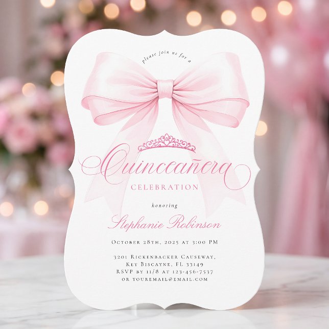 Pink Bow Tiara Quinceañera Invitation (Creator Uploaded)