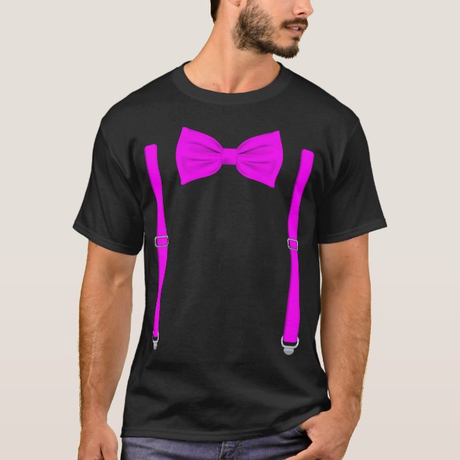Pink Bow Tie With Suspenders Funny Wedding Gift T-Shirt (Front)