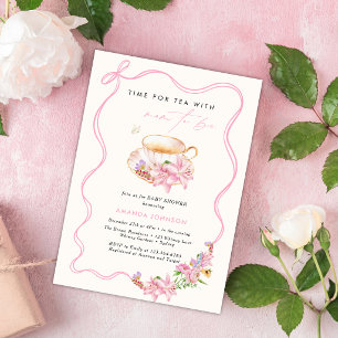 Pink bow Time for tea Mom-to-be baby shower  Invitation