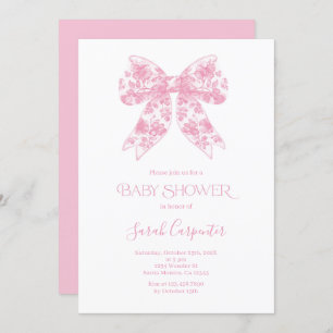 Pink Bow Toile Baby Shower Girl Invitation