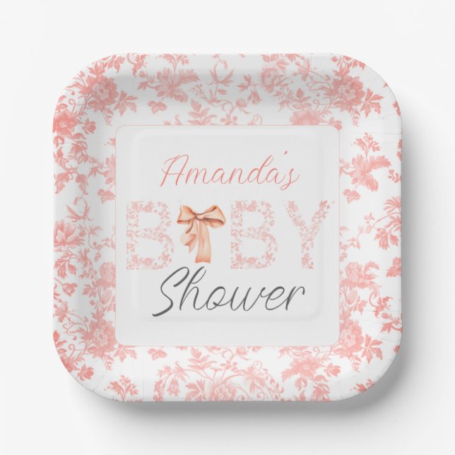 Pink Bow Toile de Jouy Floral Baby Shower  Paper Plate (Front)
