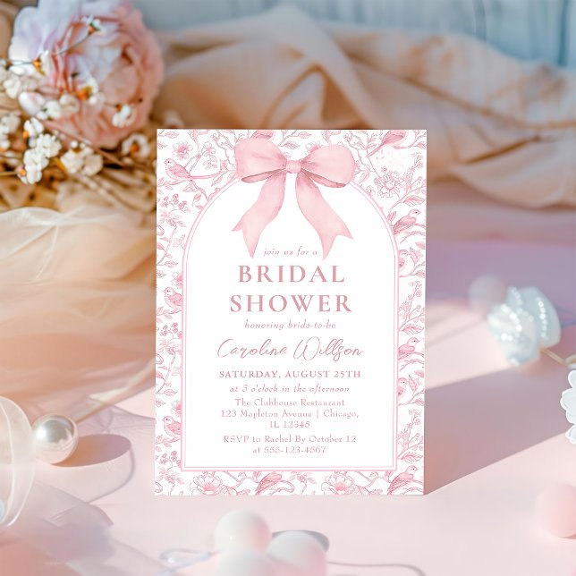 Pink Bow Toile Floral Chinoiserie Bridal Shower Invitation (Creator Uploaded)