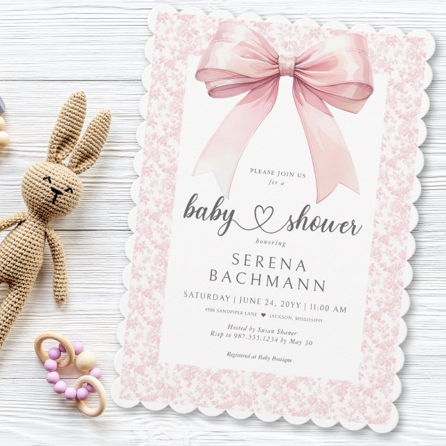 Pink Bow Toile Girl Baby Shower Invitation (Pink Bow Toile Girl Baby Shower Invitation)