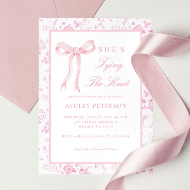 Pink Bow Toile She's Tying The Knot Bridal Shower Invitation (Creator Uploaded)