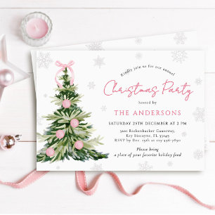 Pink Bow Traditional Tree Christmas Party Invitation