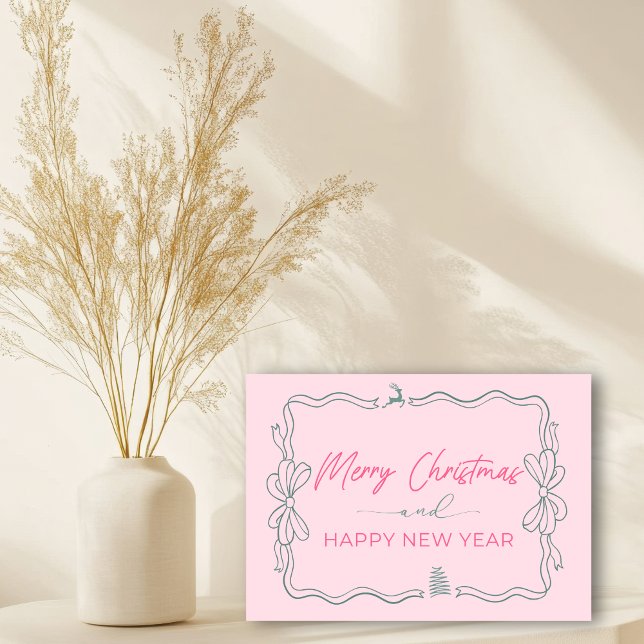 Pink: Bow & Trees Doodles Holiday Folded Card (Pink: Bow & Trees Doodles Holiday Folded Card)