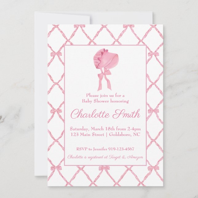 Pink Bow Trellis Baby Shower Invitation Bonnet (Front)