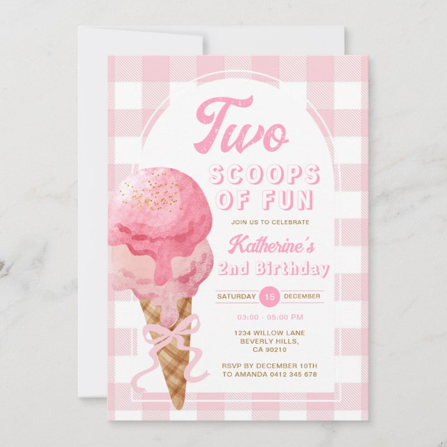 Pink Bow Two Scoops Of Fun 2nd Birthday Gingham Invitation (Front)