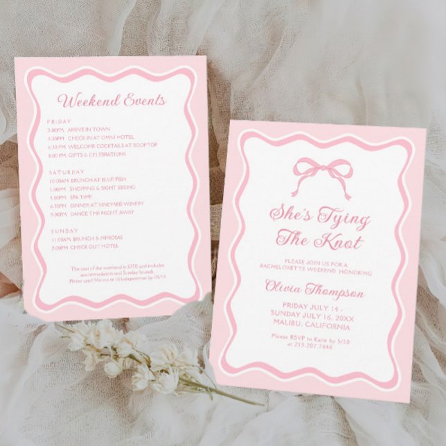 Pink Bow Tying the Knot  Bachelorette Party Invitation (Creator Uploaded)
