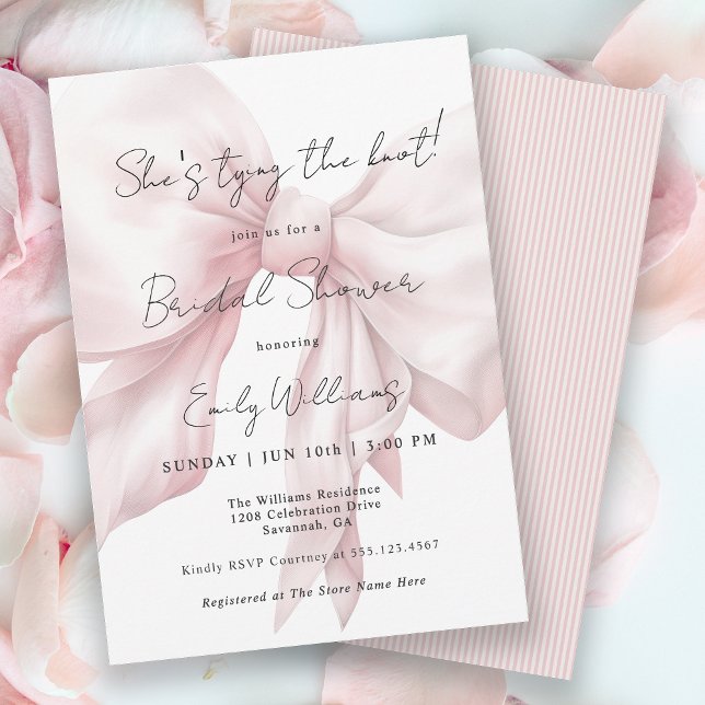 Pink Bow Tying the Knot Bridal Shower Invitation (Available in both printed and instant download digital formats.)