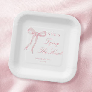 Pink Bow Tying The Knot Bridal Shower Paper Plate