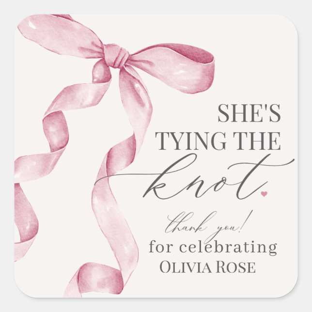 Pink Bow Tying the Knot Bridal Shower Party Favour Square Sticker (Front)