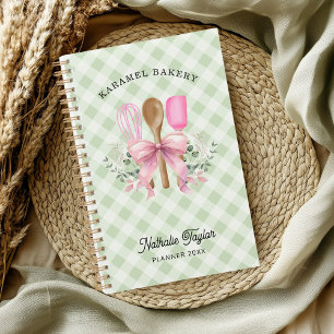 Pink Bow Utensils & Green Gingham Planner Notebook