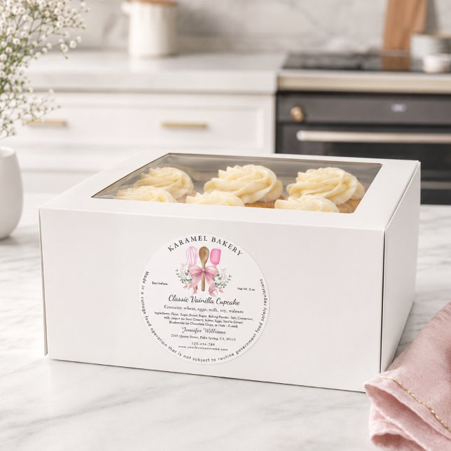 Pink Bow utensils Label Cottage Bakery Packaging (Cottage law food bakery label)
