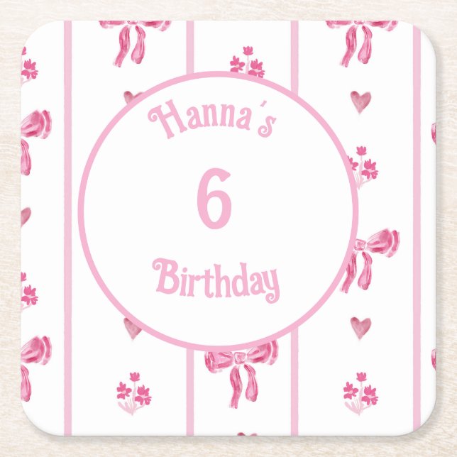 Pink Bow Vertical Stripe - preppy coquette  Square Paper Coaster (Front)