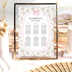 Pink Bow Vintage Floral Baby Shower Seating Poster
