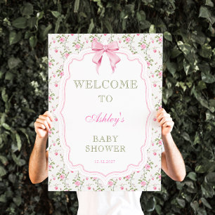 Pink Bow Vintage Floral Baby Shower Welcome  Poster
