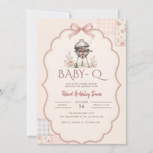 Pink Bow Watercolor Baby Q BBQ Baby Shower Invitation