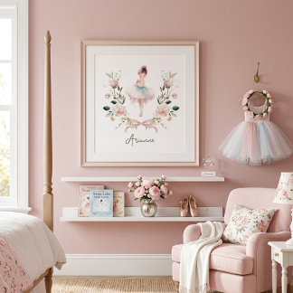 Pink Bow Watercolor Ballerina Nursery Girls Room Poster