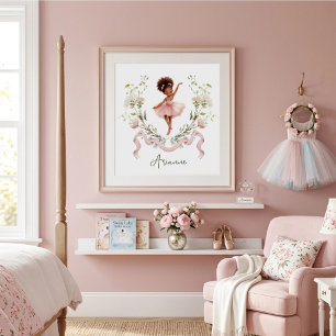 Pink Bow Watercolor Ballerina Nursery Girls Room Poster