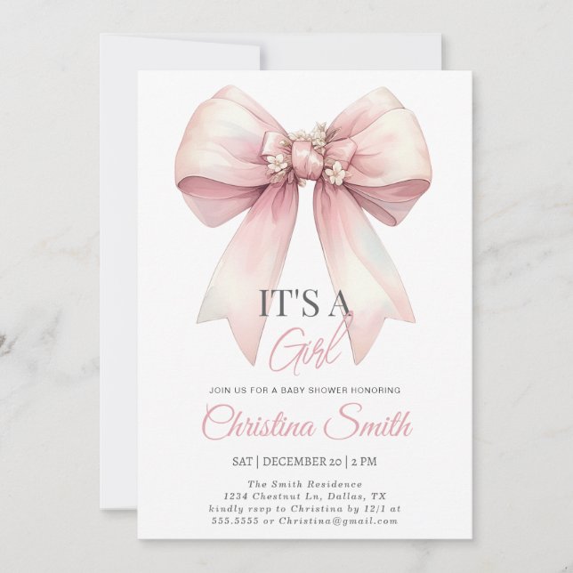Pink Bow Watercolor Blush Pink Baby Girl Shower Invitation (Front)