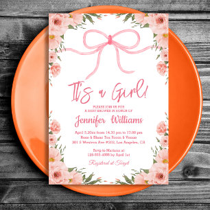 Pink Bow Watercolor Floral Girl Baby Shower Invitation
