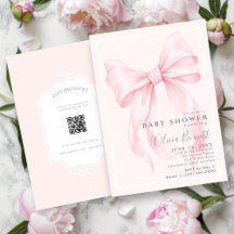 Pink Bow Watercolor Girl Baby Shower with QR Code