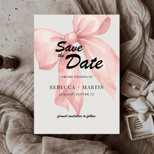 Pink Bow Watercolor Minimal Calligraphy Wedding Save The Date