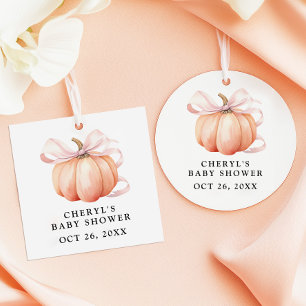 Pink Bow Watercolor Pumpkin Baby Shower Favour Tags