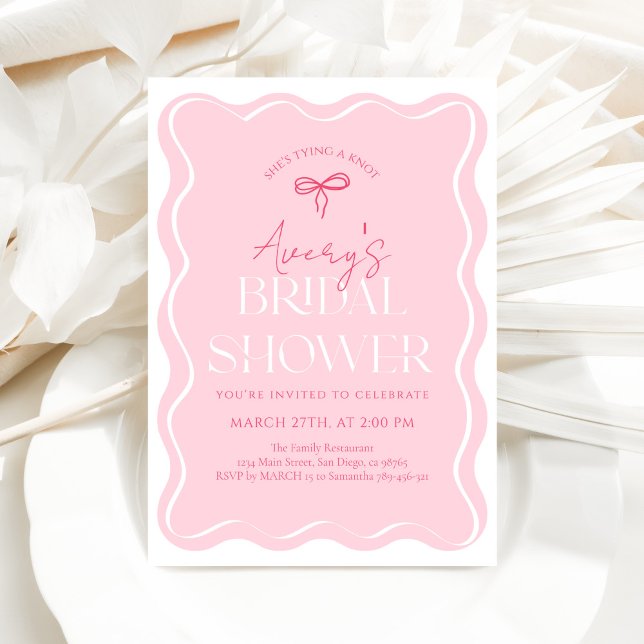 Pink Bow Wavy Frame Modern Bridal Shower Invitation (Creator Uploaded)