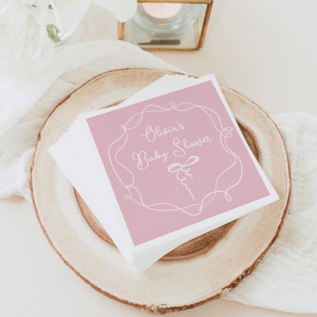 Pink bow wavy frame modern girl baby shower napkin (Creator Uploaded)