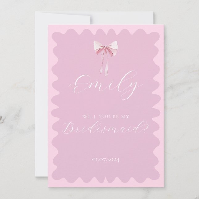 Pink bow wavy will you be my bridesmaid proposal invitation (Front)