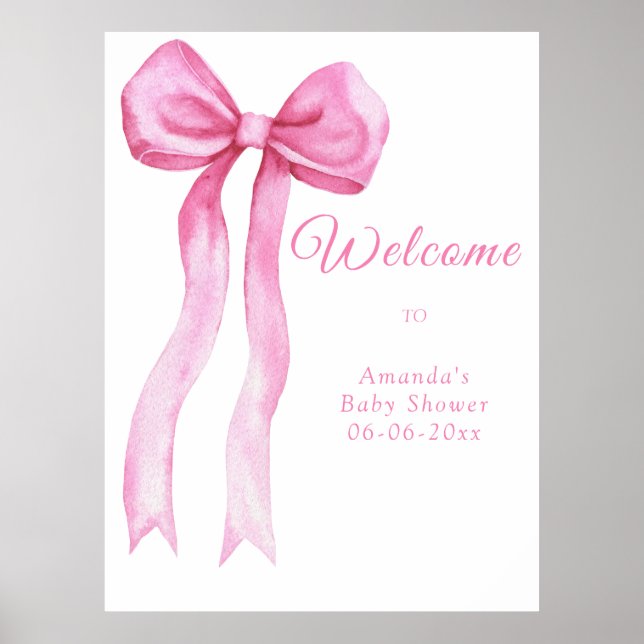 Pink bow - welcome baby shower party poster (Front)