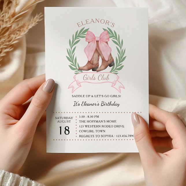 Pink Bow Western Cowgirl Boots Girls Club Birthday Invitation (Cowgirl boots & pink bows birthday invitation by Darling & May. Saddle up and Lets go Girls! )